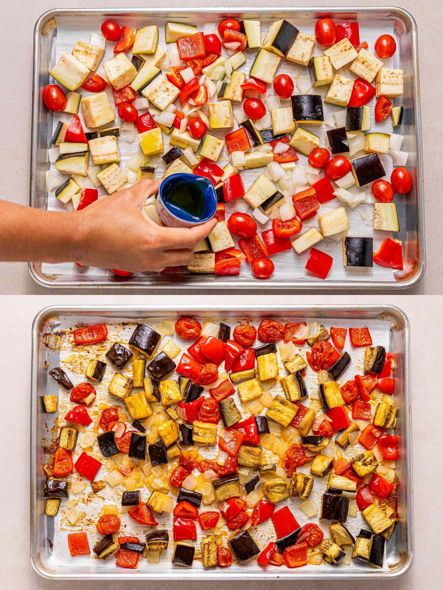Two trays with chopped vegetables one shows a hand pouring oil and the other shows roasted vegetables