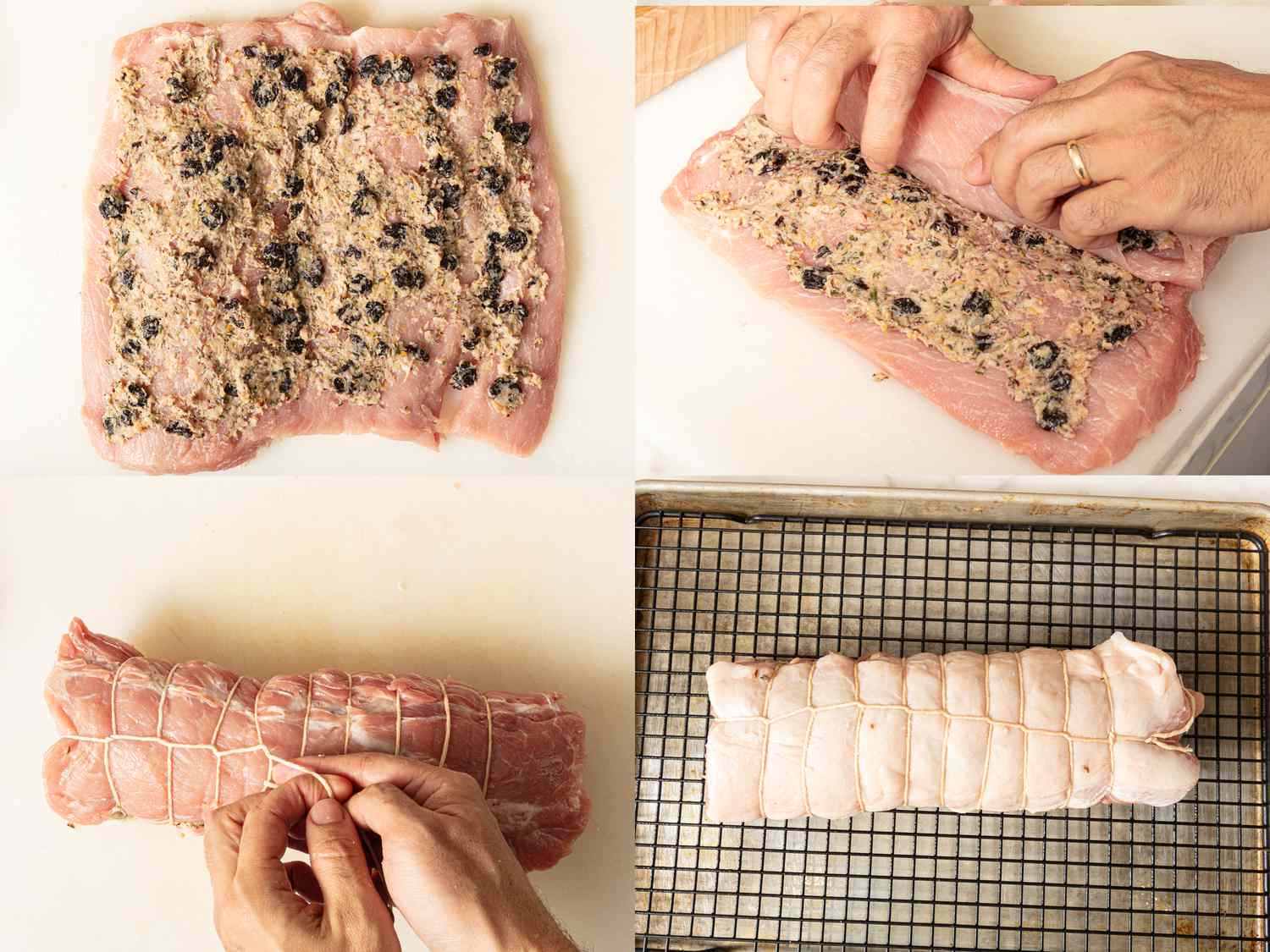 4 image collage. Top Left: Spreading pancetta paste onto pork loin. Top right: Hands rolling porkloin in a coil. Bottom Left: Tying pork loin with twine at 1 inch intervals. Bottom Right: Chilled pork loin on a wire rack on a baking sheet. 
