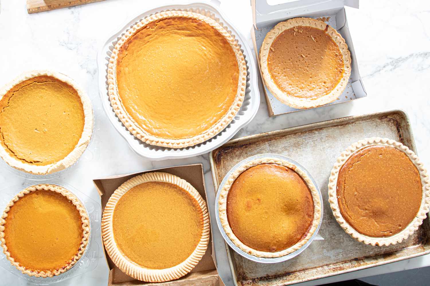Variety of pumpkin pies arranged on a marble countertop