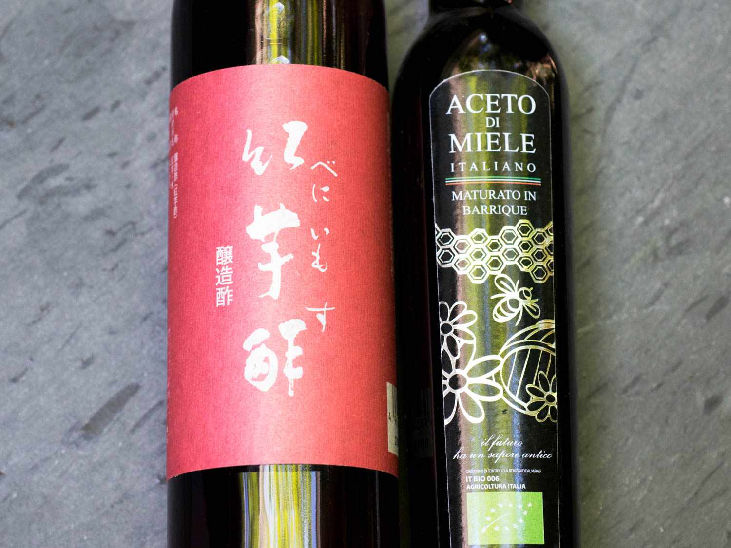 Two bottles of honey vinegar.