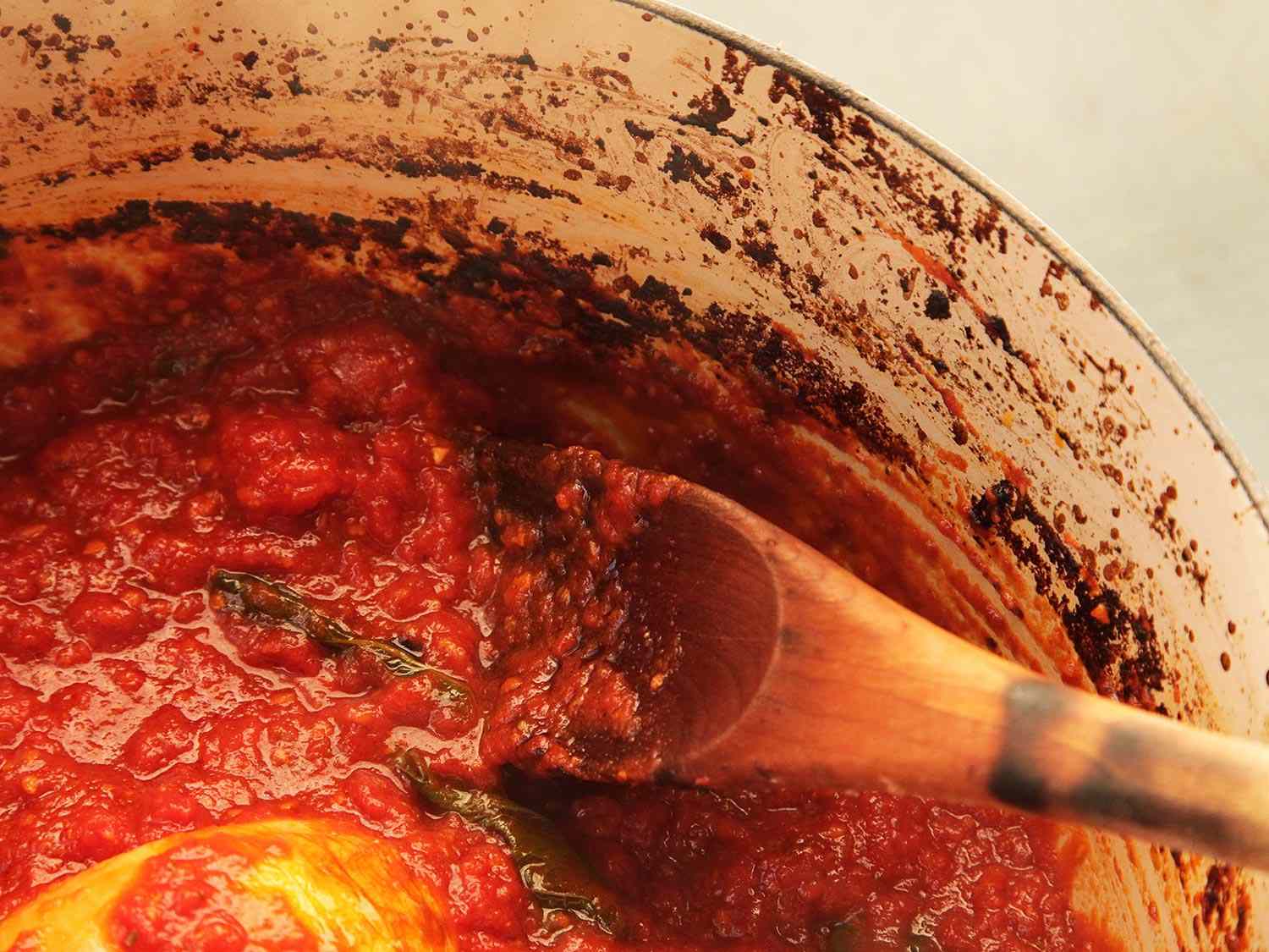 Close-up of long-cooked tomato sauce