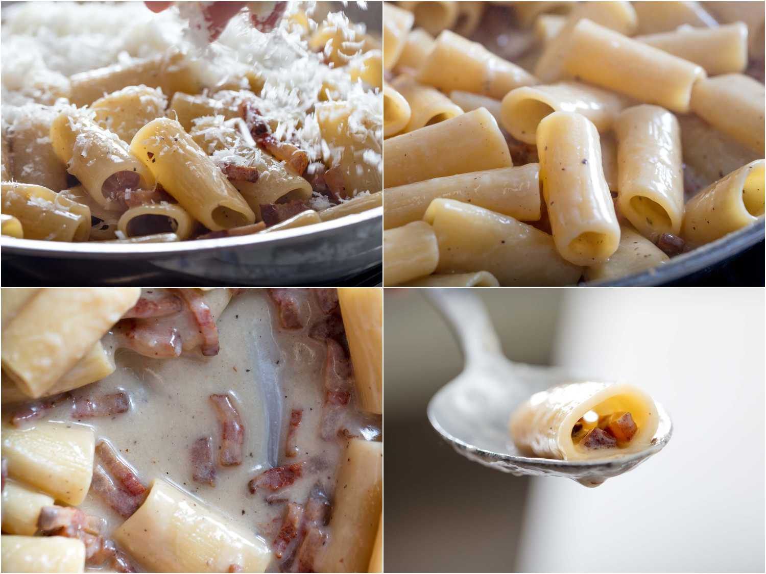 A 4-image collage: Adding Pecorino Romano cheese to finish sauce for pasta alla gricia, close up at the emulsified sauce and close up of a piece of rigatoni soaked in sauce. 