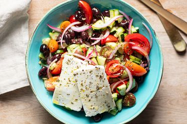 Overhead view of greek salad