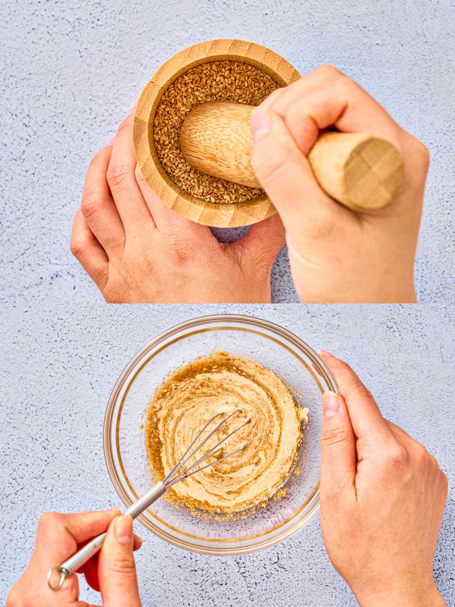 Two image collage of crushing seasame seeds and making dressing