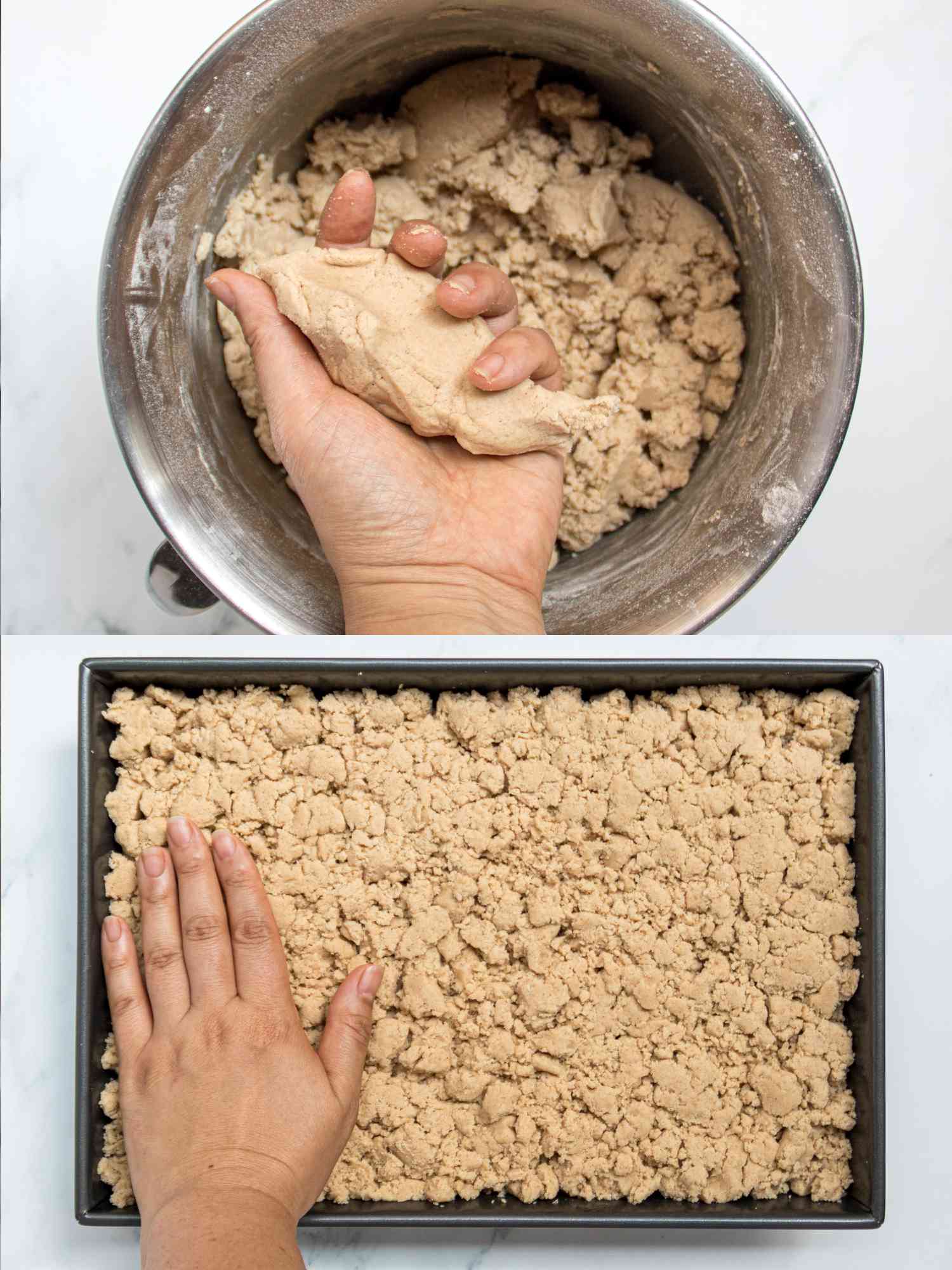 2 image Collage. Top: Crumb topping compressed into chunks together by hand. Bottom: Broken crumb chunks scattered evenly over dough