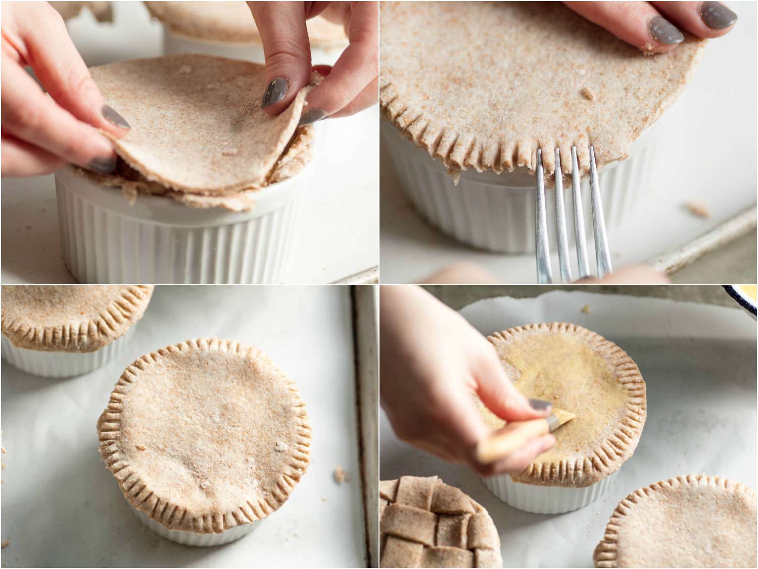 A collage: placing pastry lid on a ramekin containing pot pie filling, crimping the edges with a fork, and egg washing the lid. 