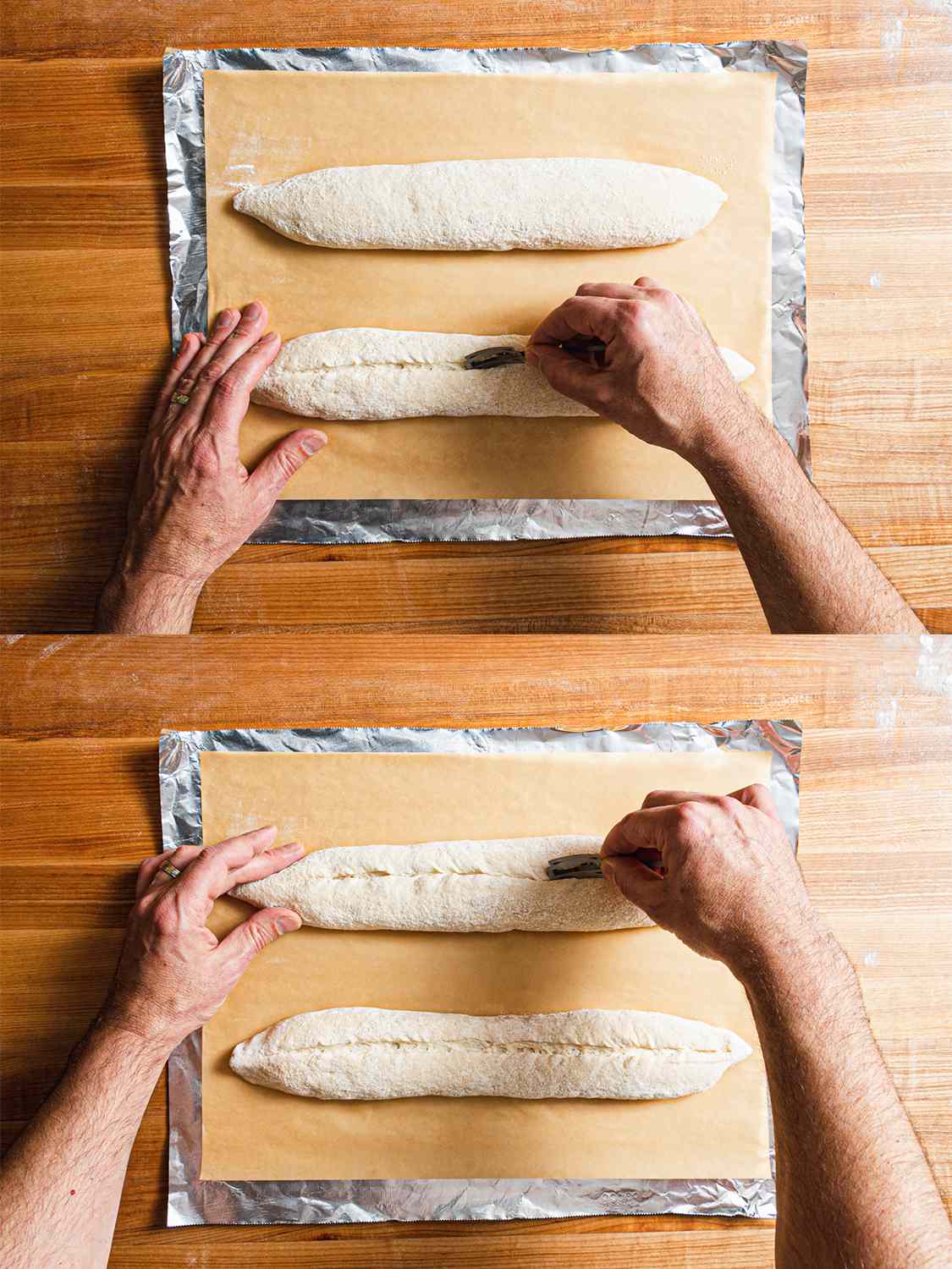Two image collage of slashing middle of loaves with a bread lame