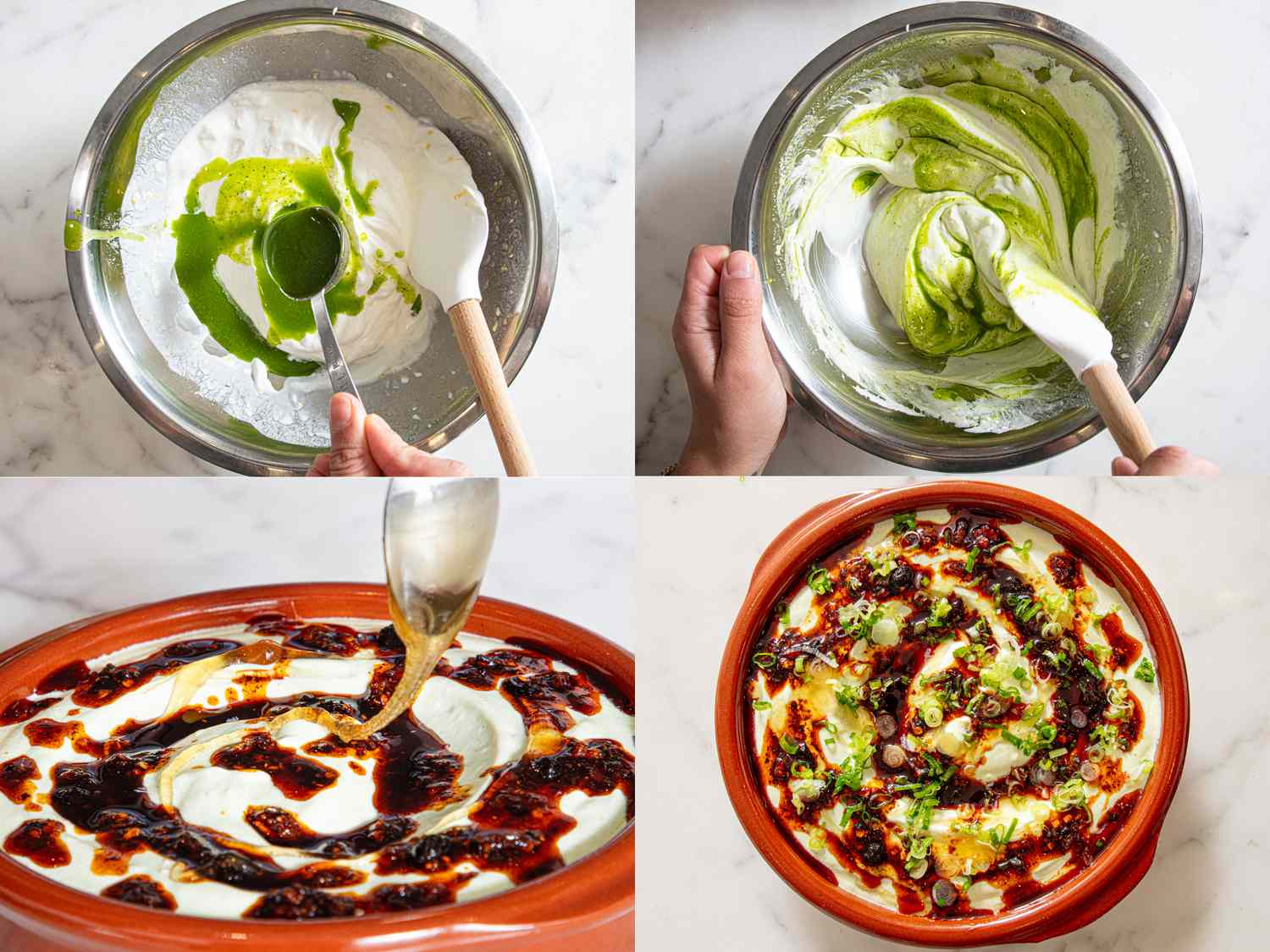 Stepbystep preparation of labneh dip being mixed and garnished in a bowl
