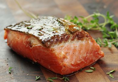 A skin-on salmon fillet that has been cooked sous vide and then seared.