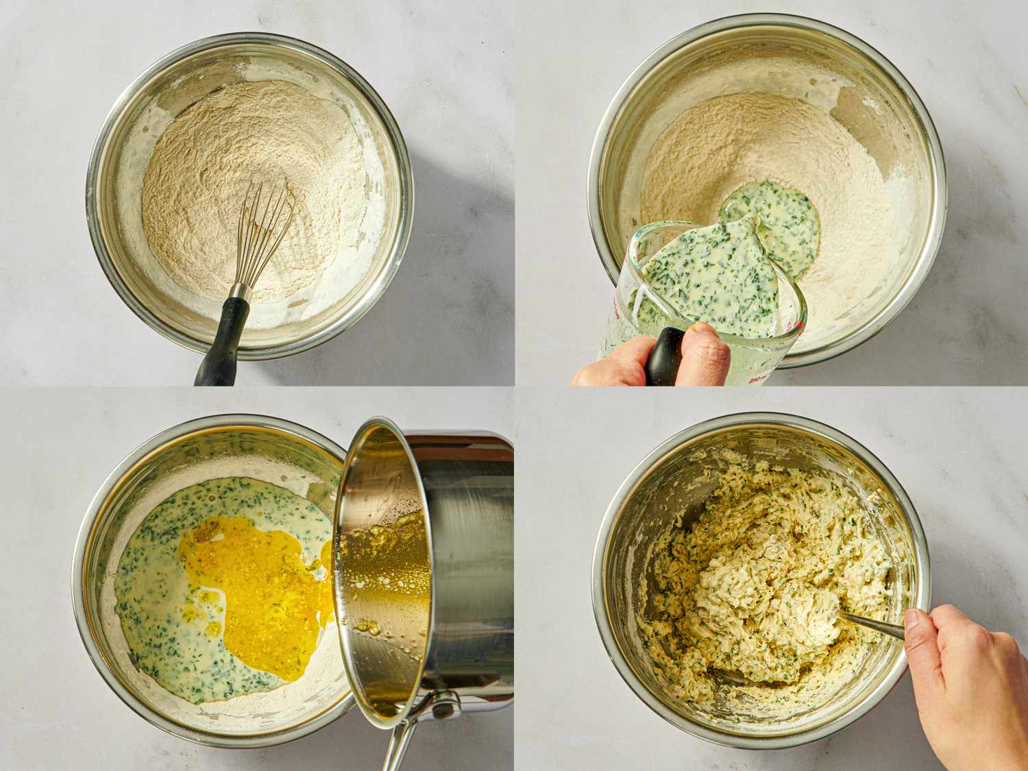 Steps for preparing dumpling dough from mixing dry ingredients to adding wet ingredients and combining until a dough forms