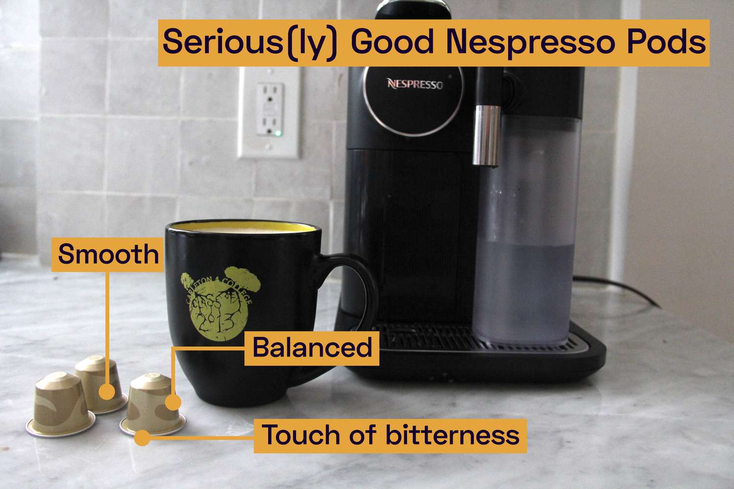 Nespresso pods beside a Nespresso machine and a mug.