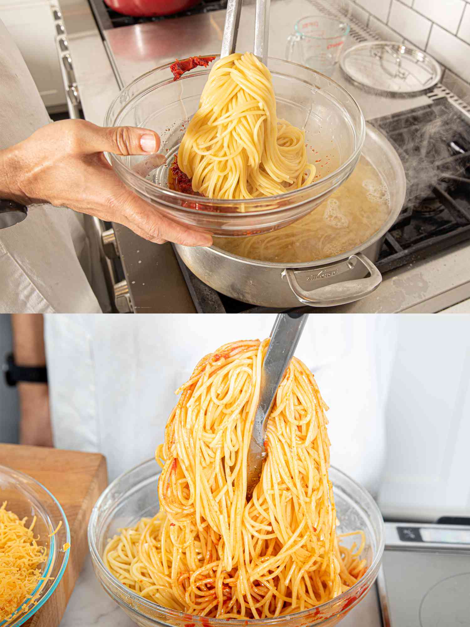 Two image collage of adding spaghetti to bowl with tomato mixture and mixing with tongs