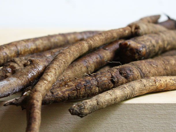 Burdock roots on a table. 