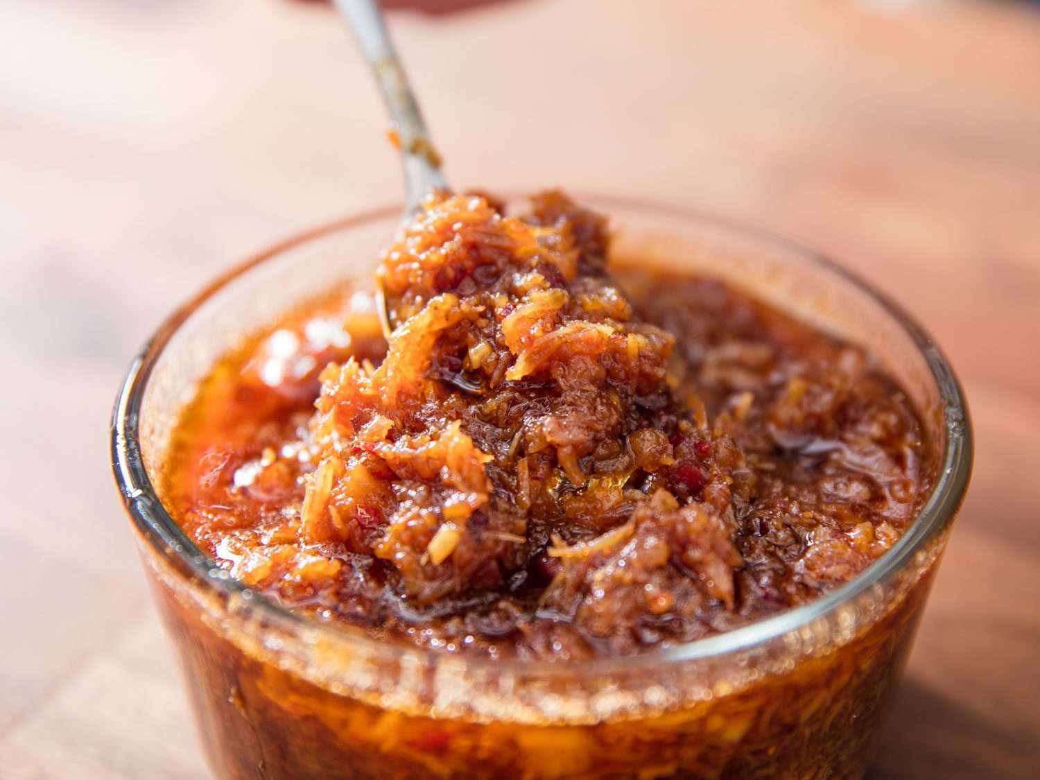 Closeup of a spoonful of XO.