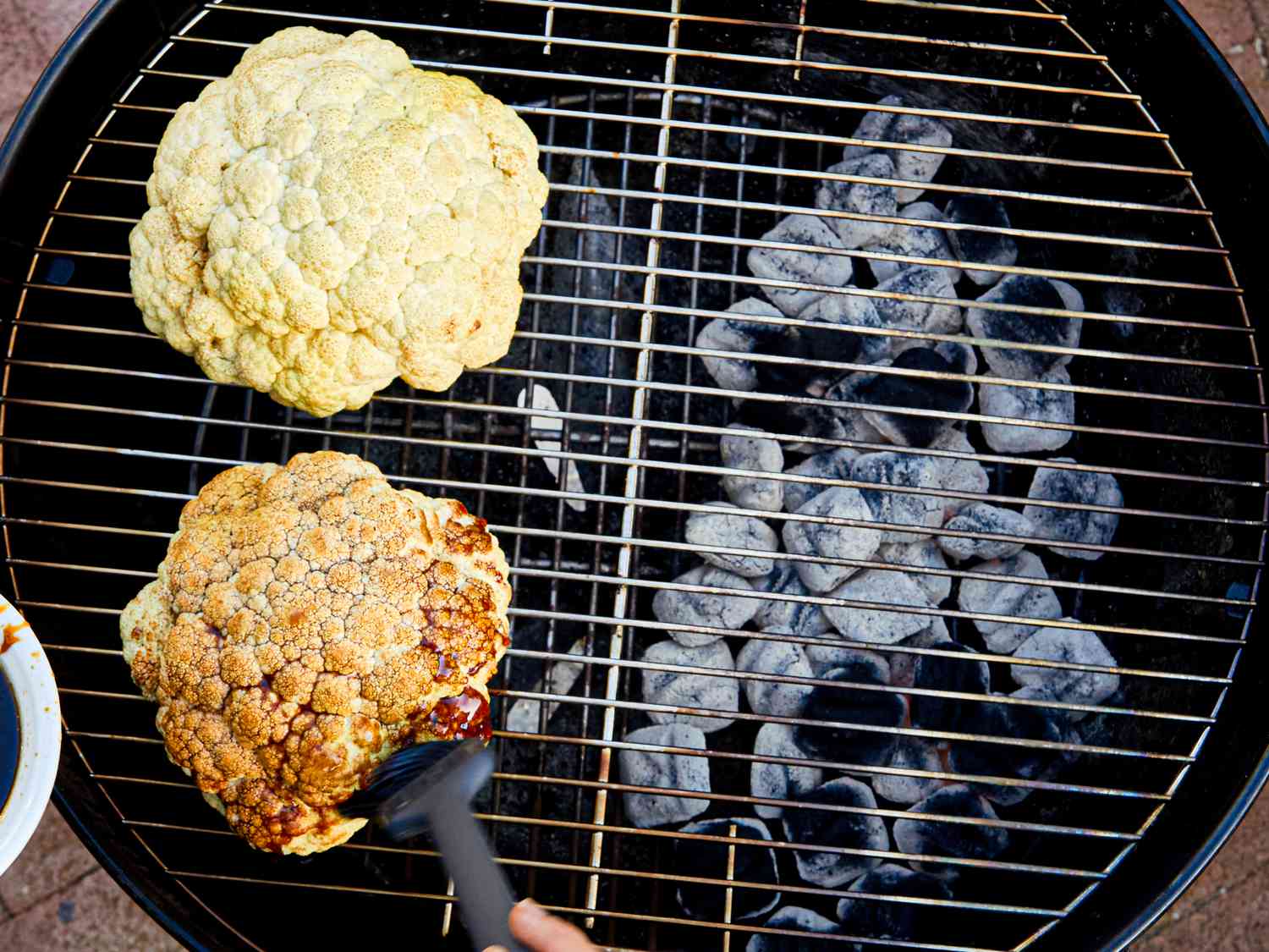 Overhead view saucing cauliflower