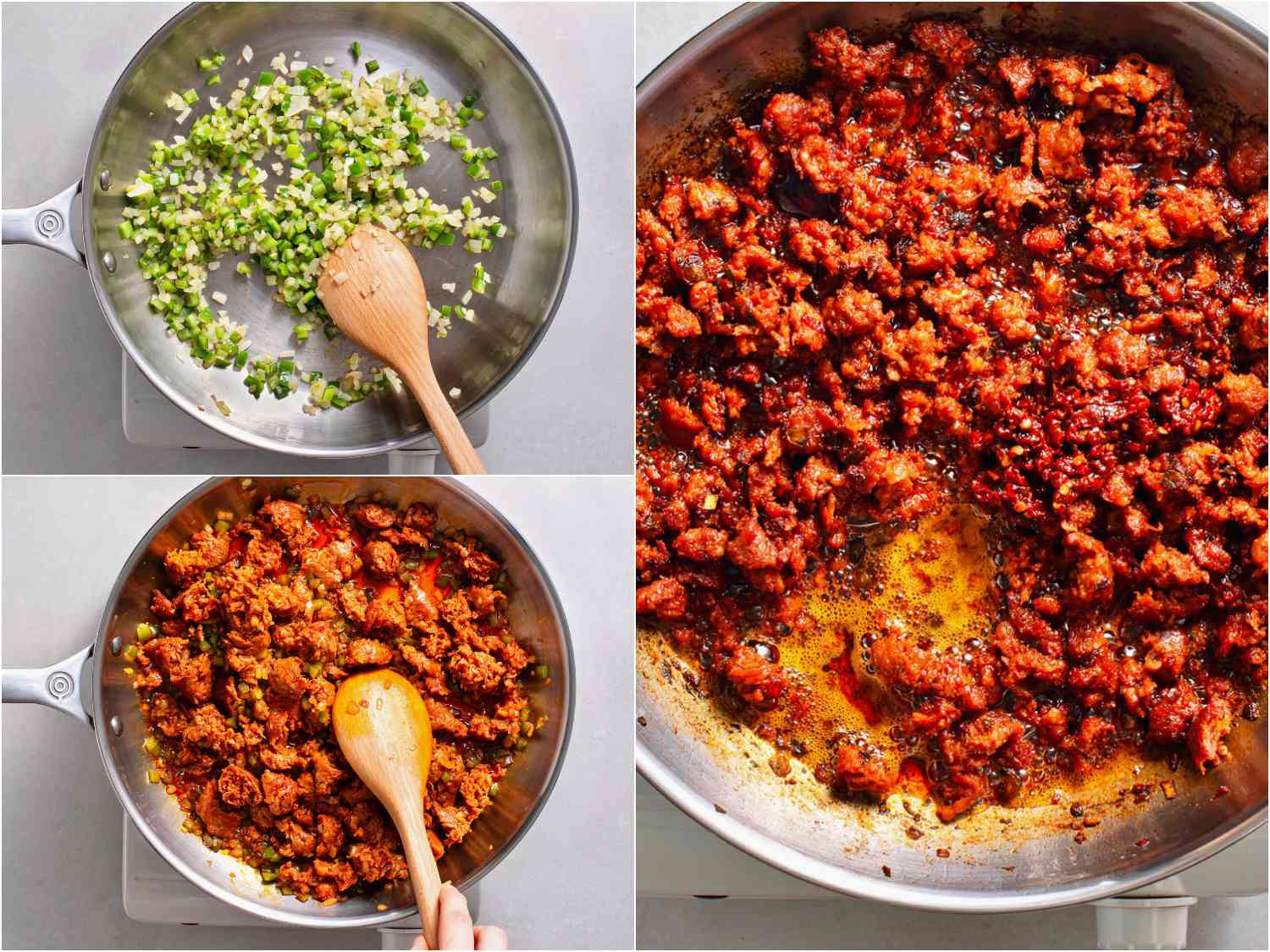 Collage: cooking onions and garlic in a skillet; adding chorizo; everything cooked together