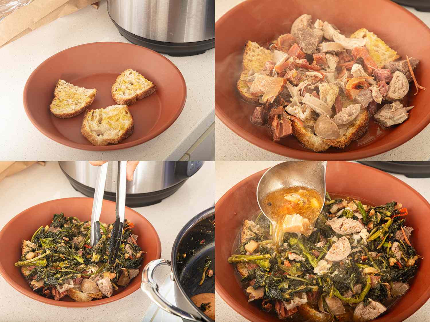 Preparation of Italian wedding soup with bread meat greens and broth in sequence