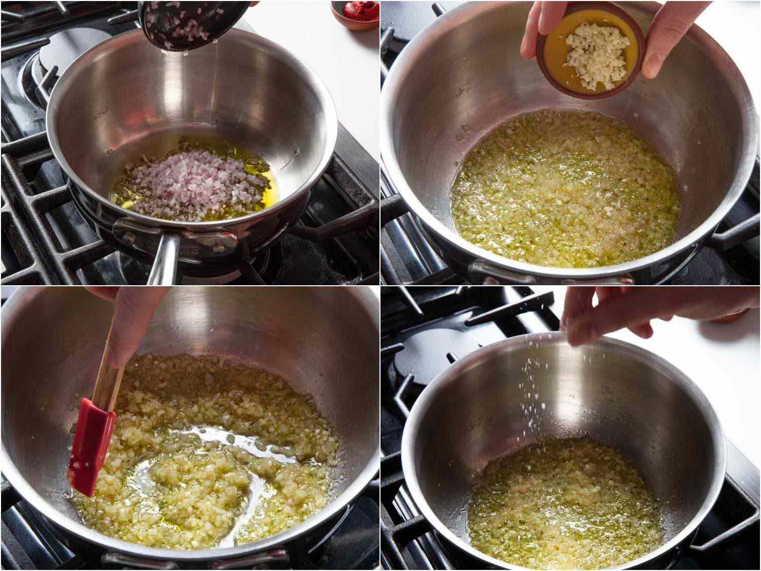 Collage of four images showing sweating shallots and garlic in a saucier before adding rice.
