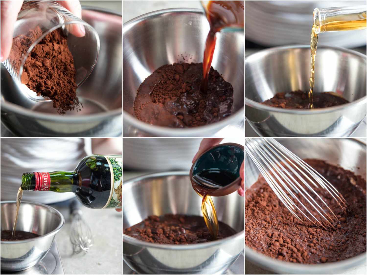 A collage of six photos that show how to make coffee-cocoa syrup for tiramisu: whisk together cocoa powder, hot espresso, crème de cacao, Cardamaro, and vanilla extract until homogeneous.