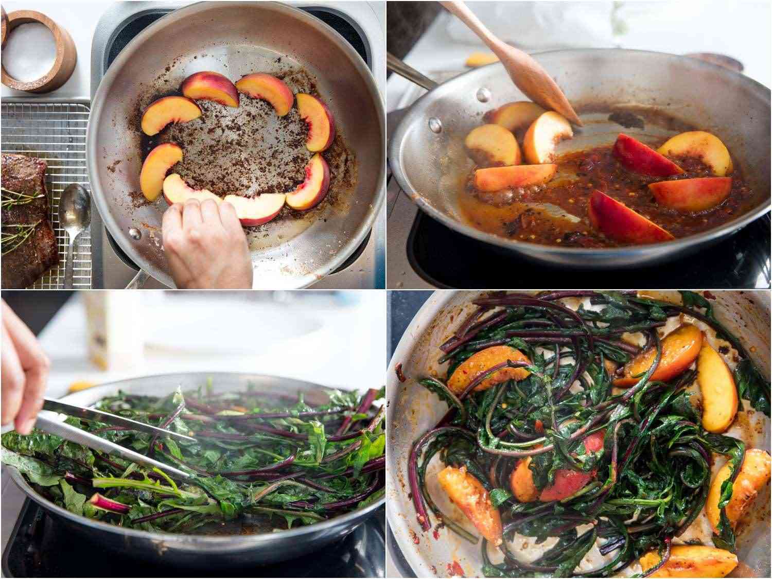Collage of 4 photos of cooking peaches and greens to accompany flank steak: placing peach slices in the fond in a skillet, stirring the peaches and pan sauce, adding dandelion greens to wilt, skillet full of seared peach slices and wilted greens.