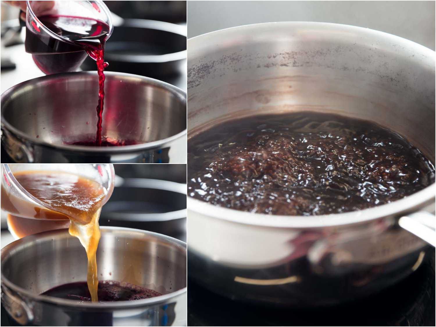 Process shots of red wine and beef stock reduction for jus.