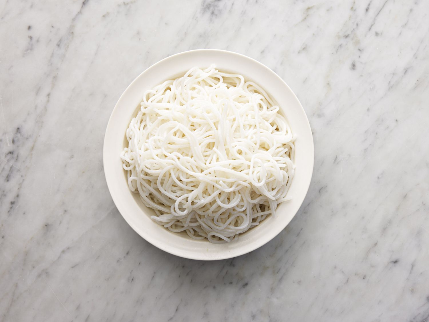 Overhead view of cooked noodles