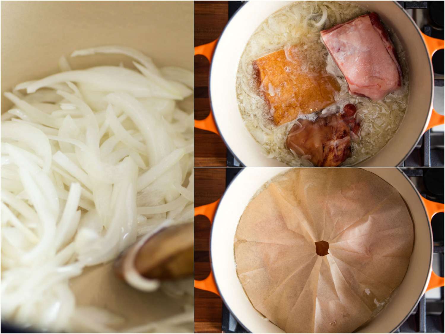A 3-image collage of onions being sautéed in a Dutch oven; slab bacon, ham hock, and pork shoulder nestled in the onions; and the vented parchment lid.