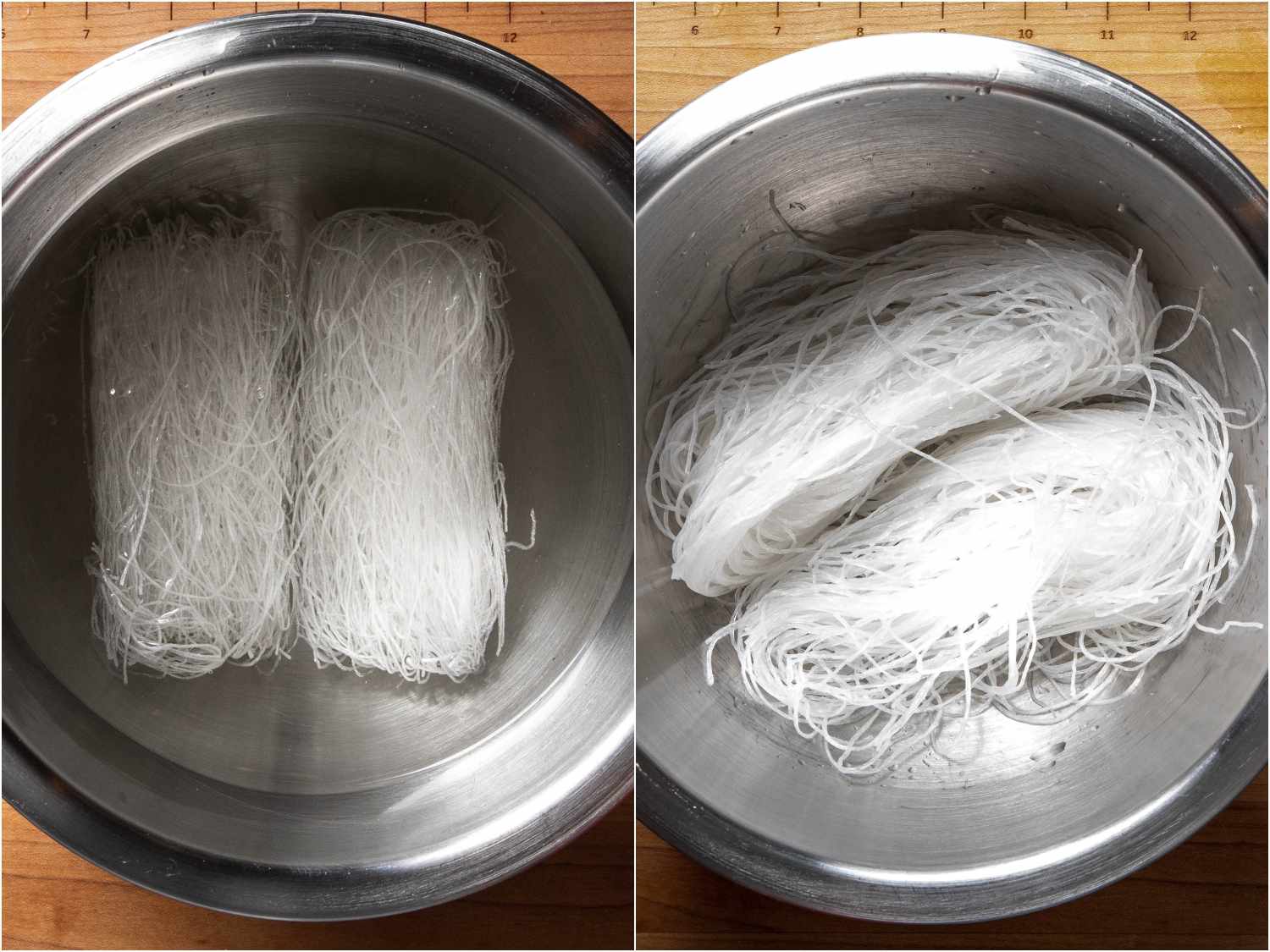 Hydrating glass noodles in a bowl of water.