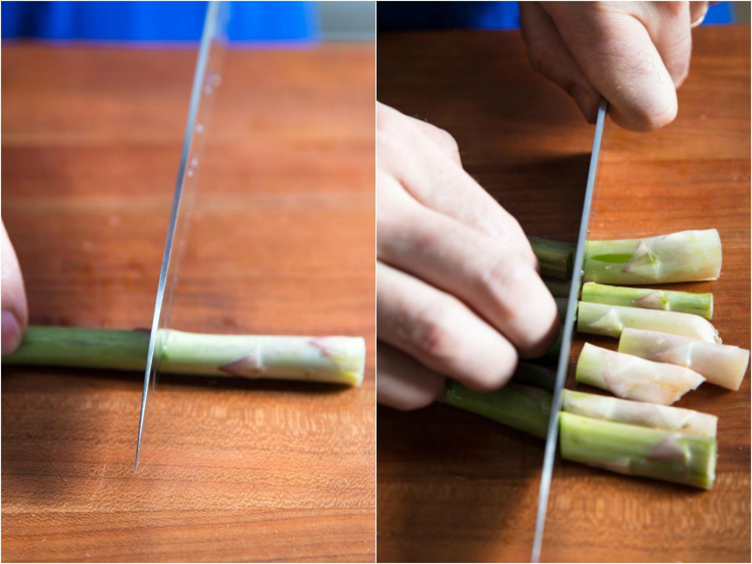 Collage of trimming a bunch of asparagus at once with a knife.