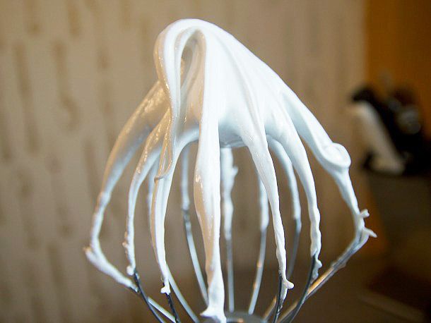 White Italian meringue on Kitchen Aid mixer whisk attachment