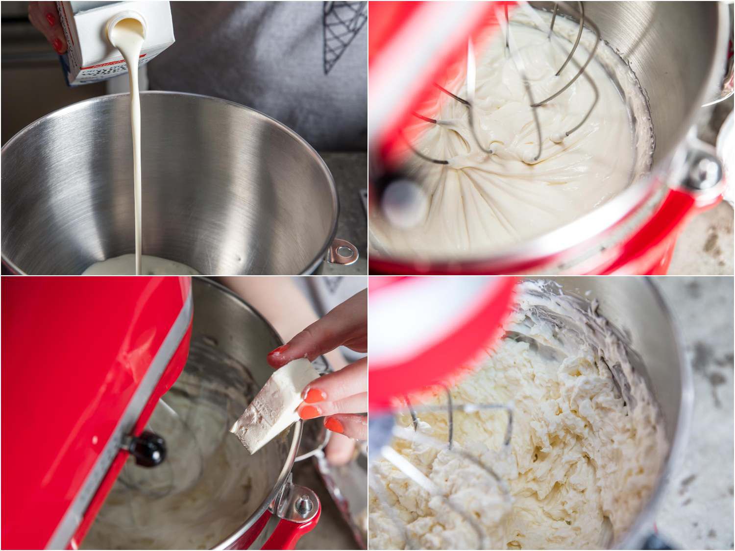 A 4-image collage: Adding cream and cream cheese in the mixing bowl of a stand mixer and whip until they combine. 