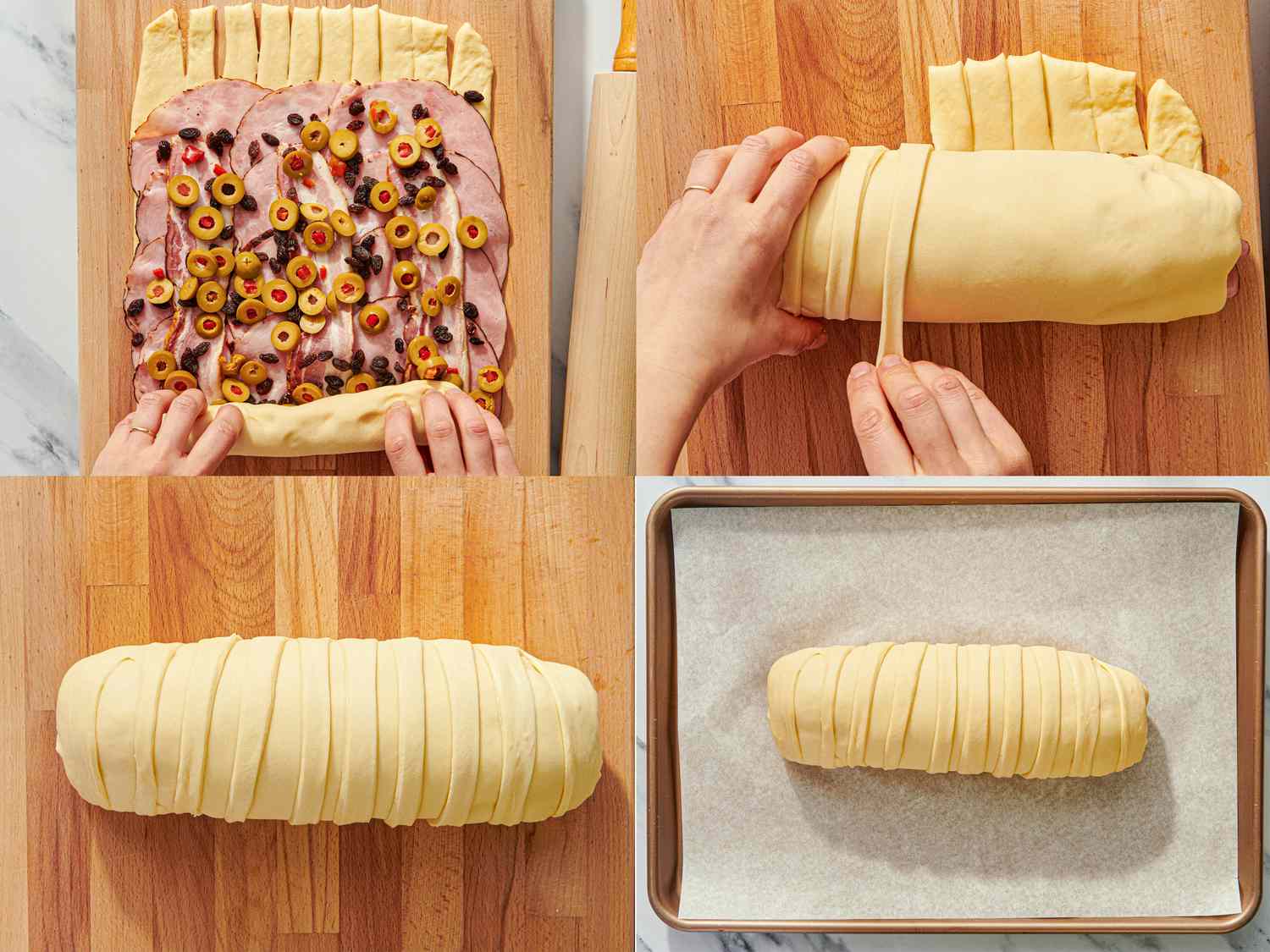 Steps in the preparation of Pan de Jamn showcasing assembly rolling and readytobake stages on a wooden surface and baking tray