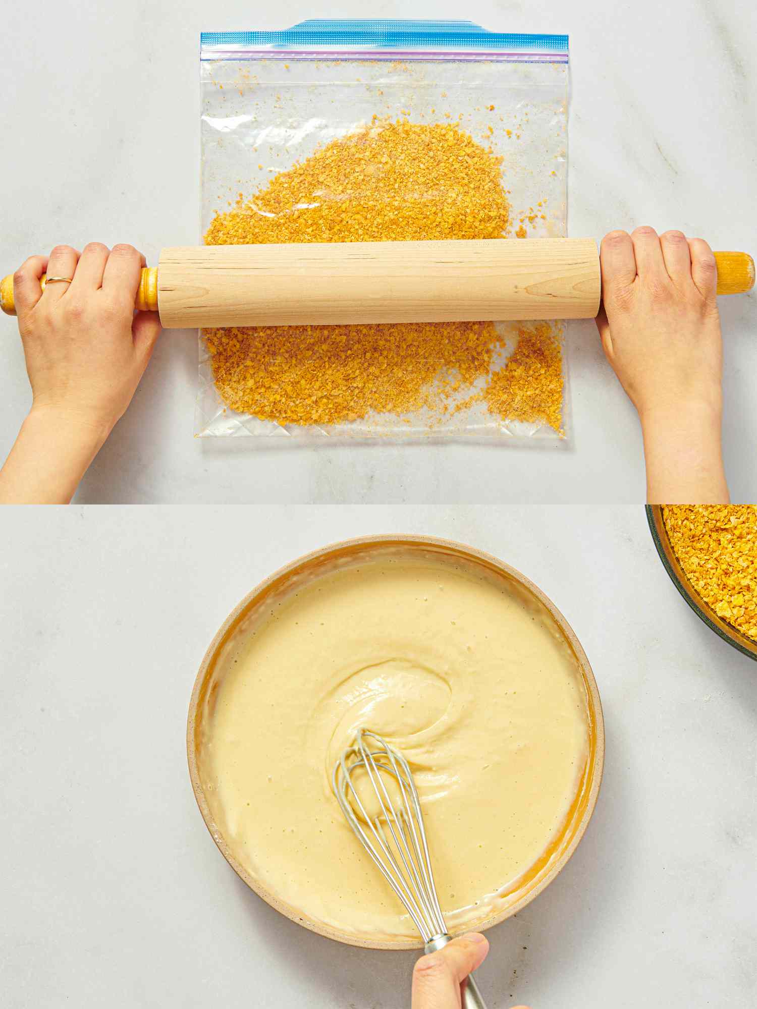 Two image collage of crushing cereal and whisking batter