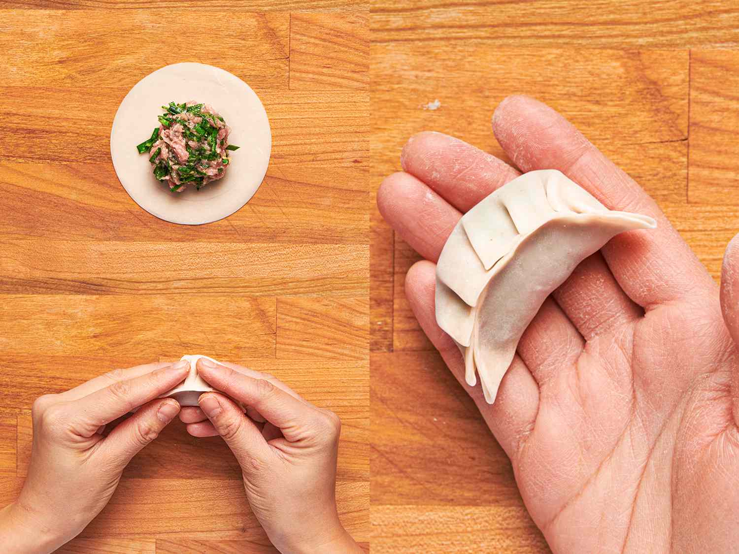 A three-image collage. The top-left image shows a dumpling wrapper topped with a ball of filling. The bottom-left image shows a pair of hands folding and pleating the dumpling. The right image shows the now folded and pleated dumpling being held in the palm of a hand, showing it's been formed correctly.