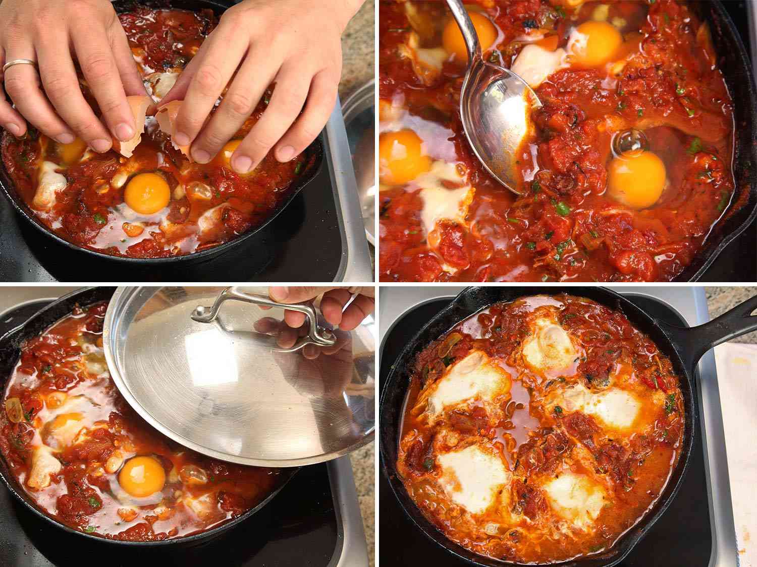 Photo collage showing adding eggs to shakshuka sauce, spooning tomatoes over them, covering the skillet, and finishing cooking.