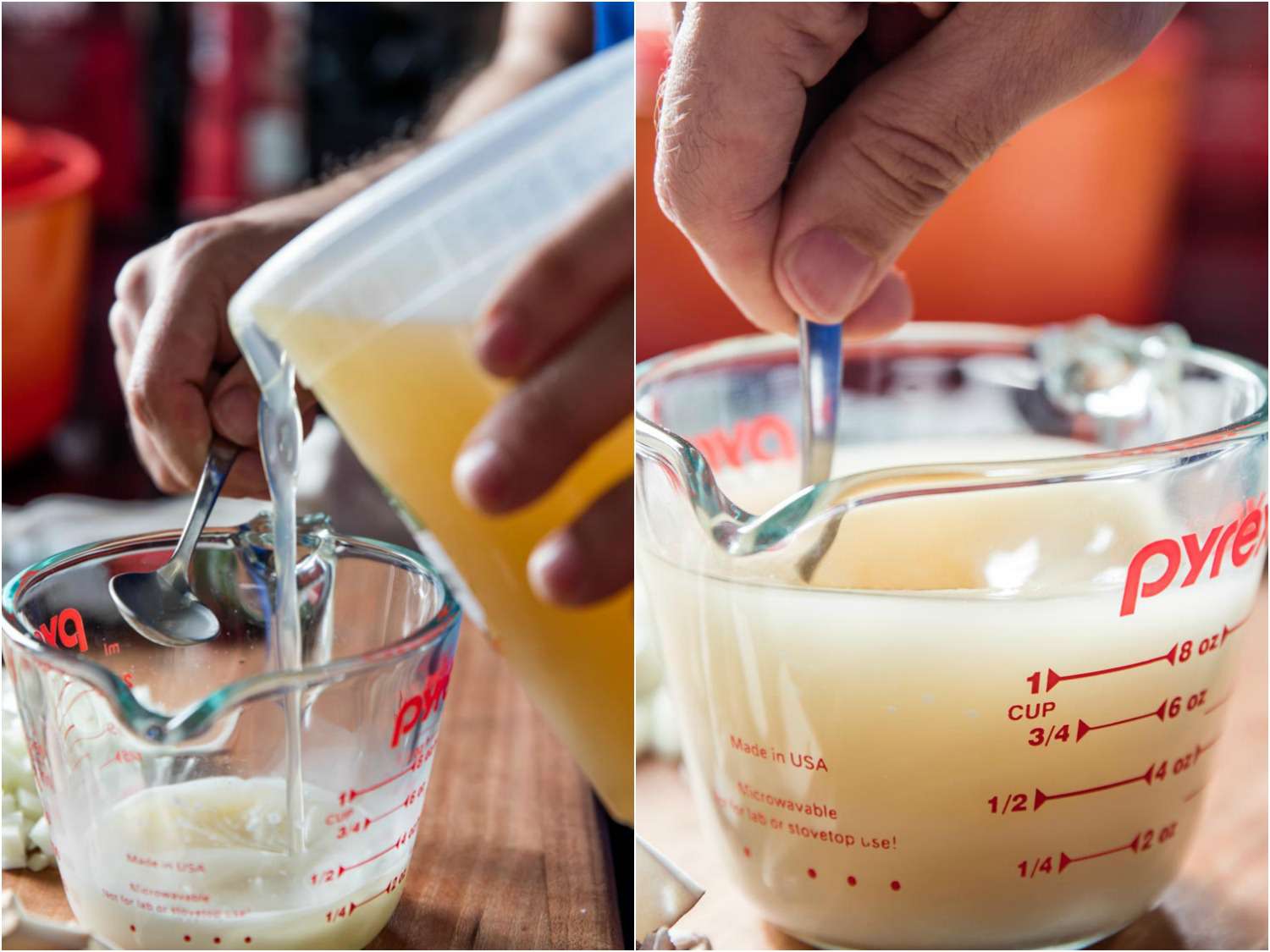 Collage of whisking chicken stock into a measuring cup containing the cornstarch.