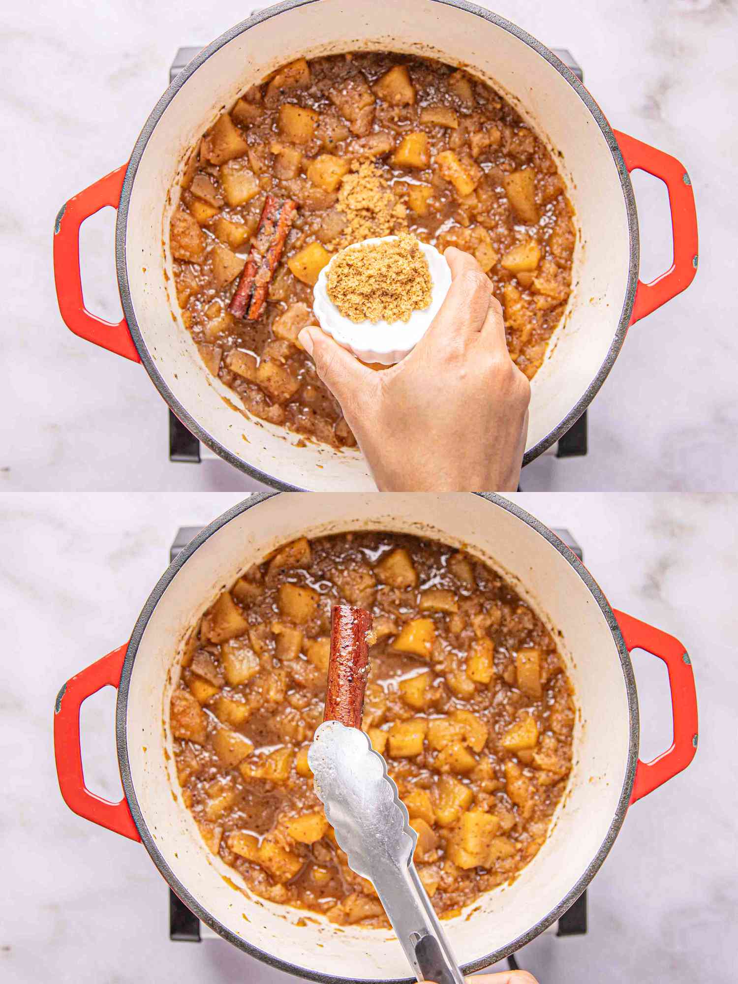 Two image collage of adding sugar and removing cinnamon stick