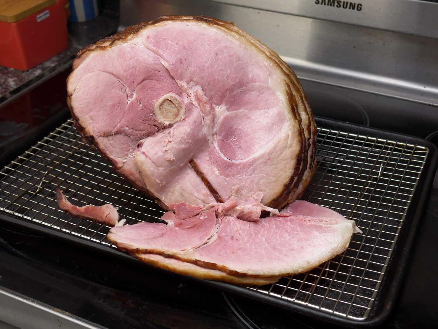 ham sliced on a baking sheet