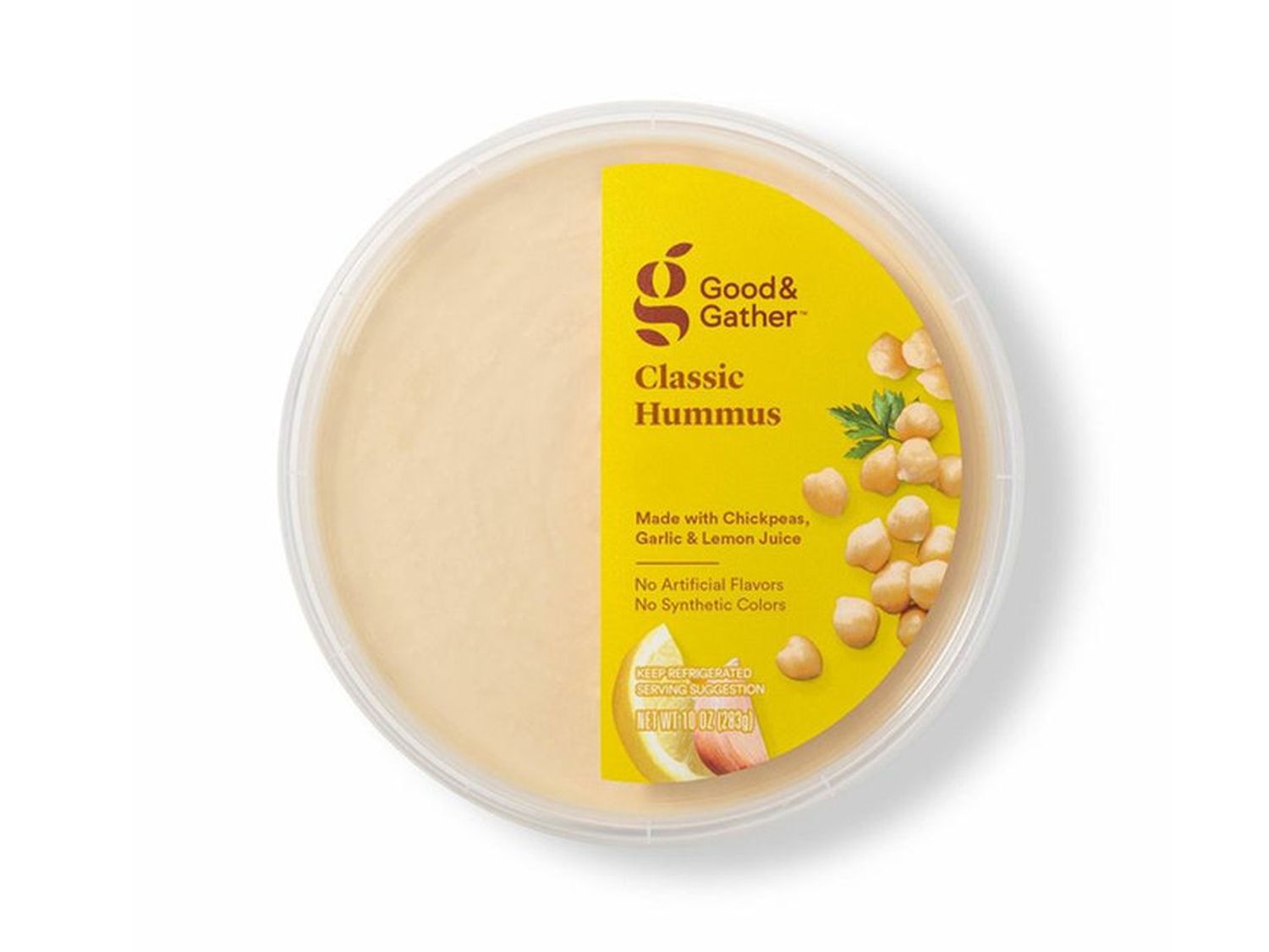 A container of Good & Gather Classic Hummus with its lid featuring chickpea and lemon imagery