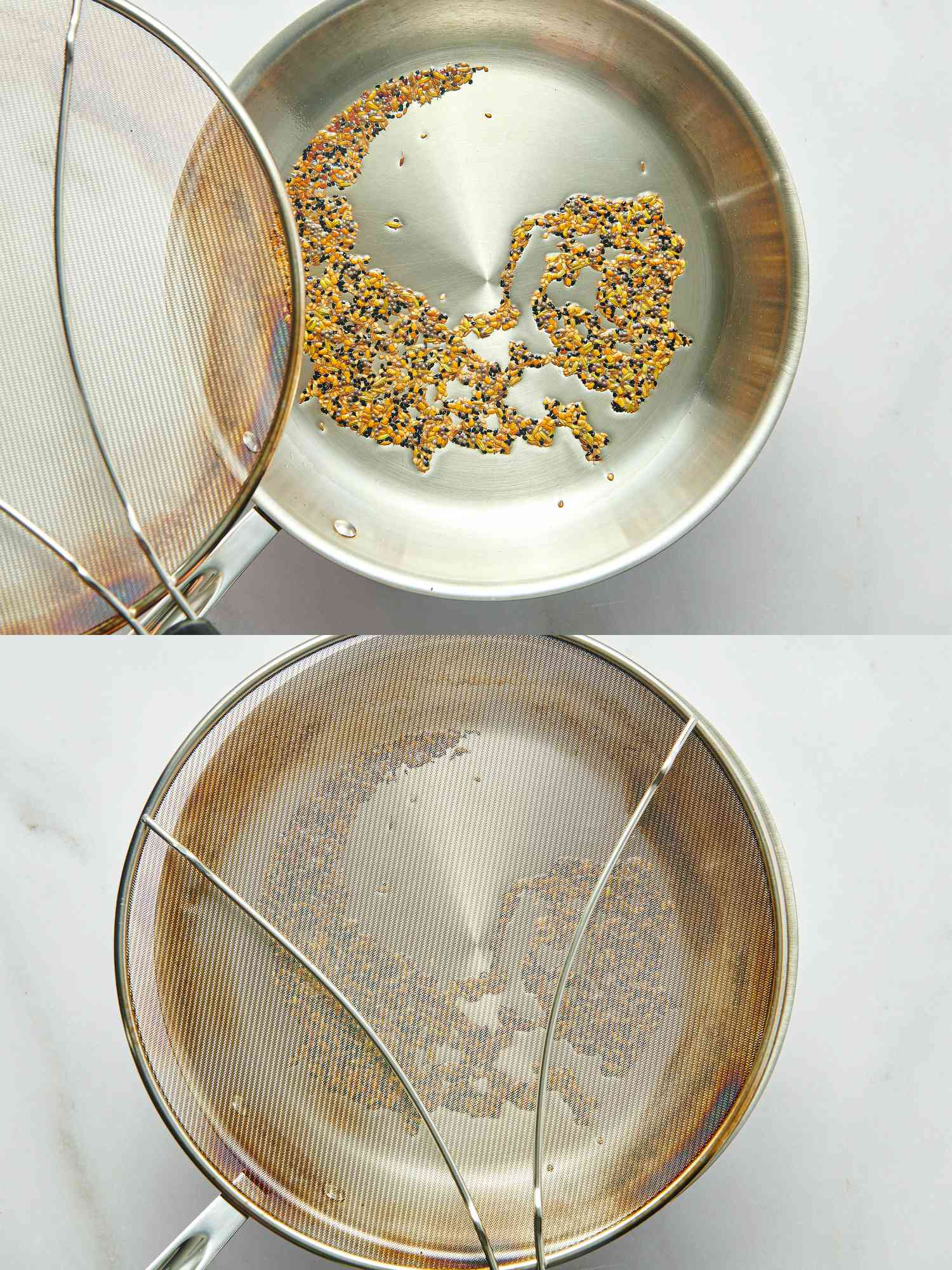 Two-step process showing dry roasting spices in a pan and then cooling them down