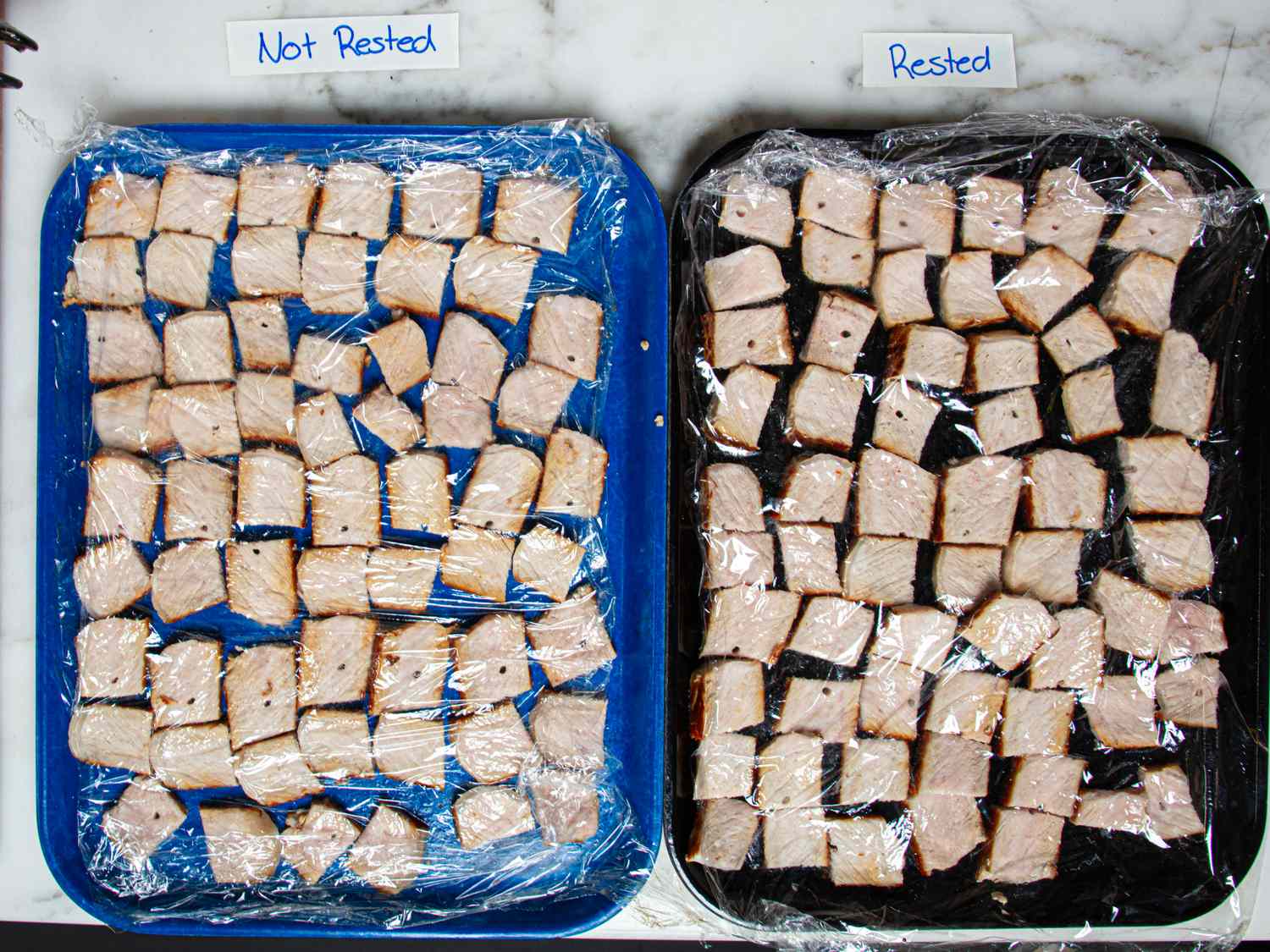 Two trays of cooked meat cubes labeled Not Rested and Rested showing comparison