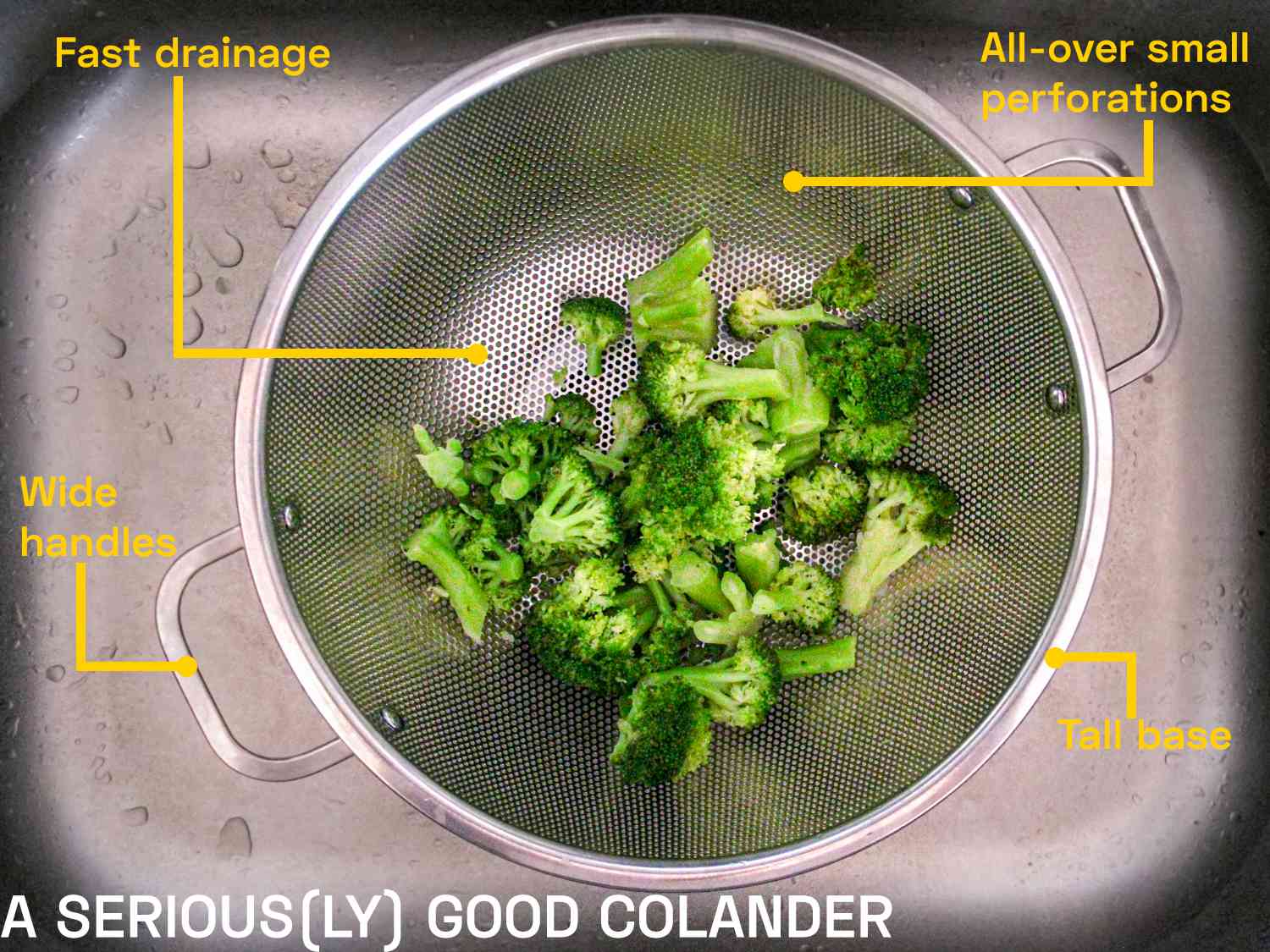 Overhead image of the RSVP colander with broccoli in it and text points surrounding it