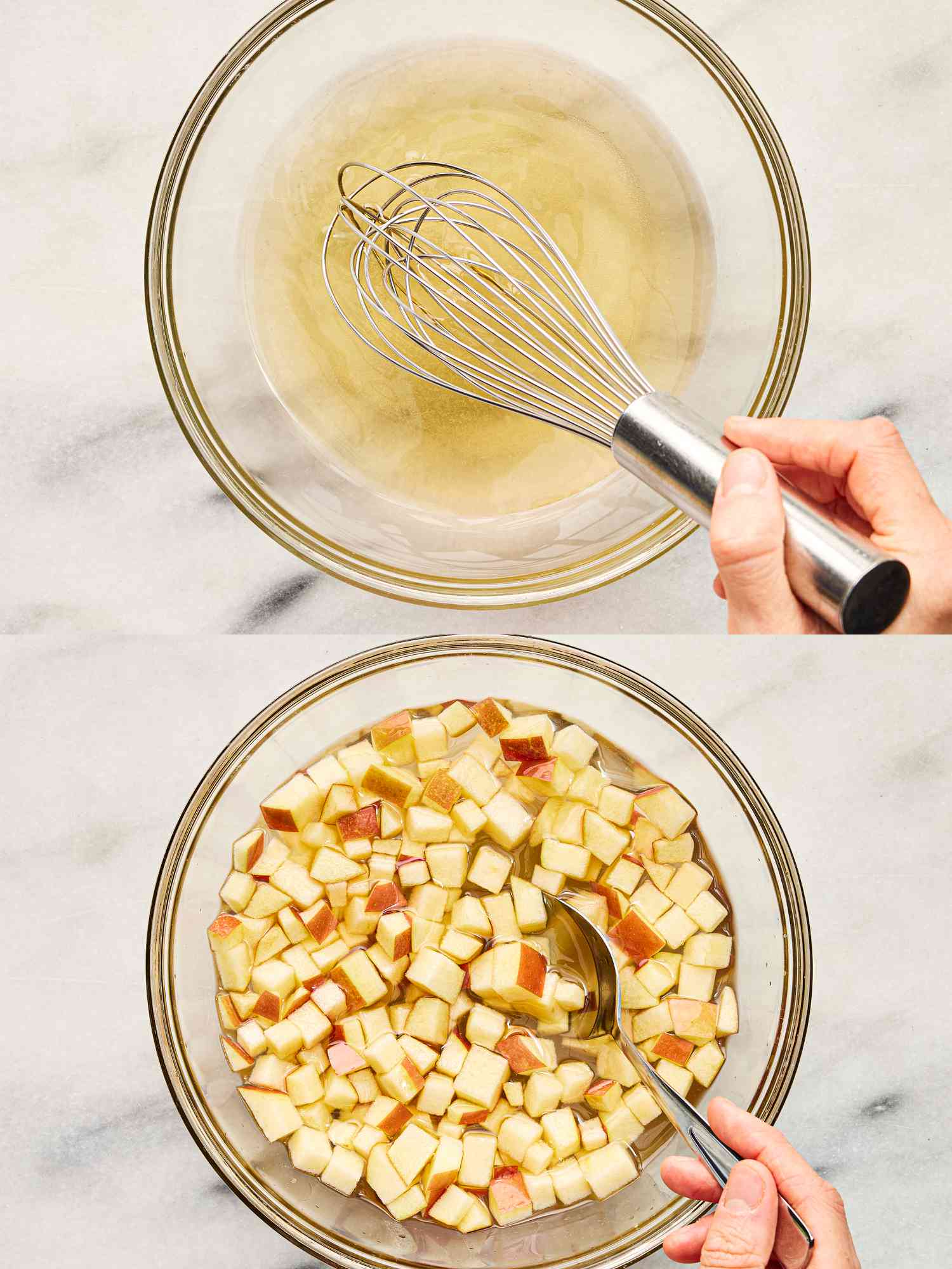 Two image collage of whisking vinegar mixture and adding to apples 