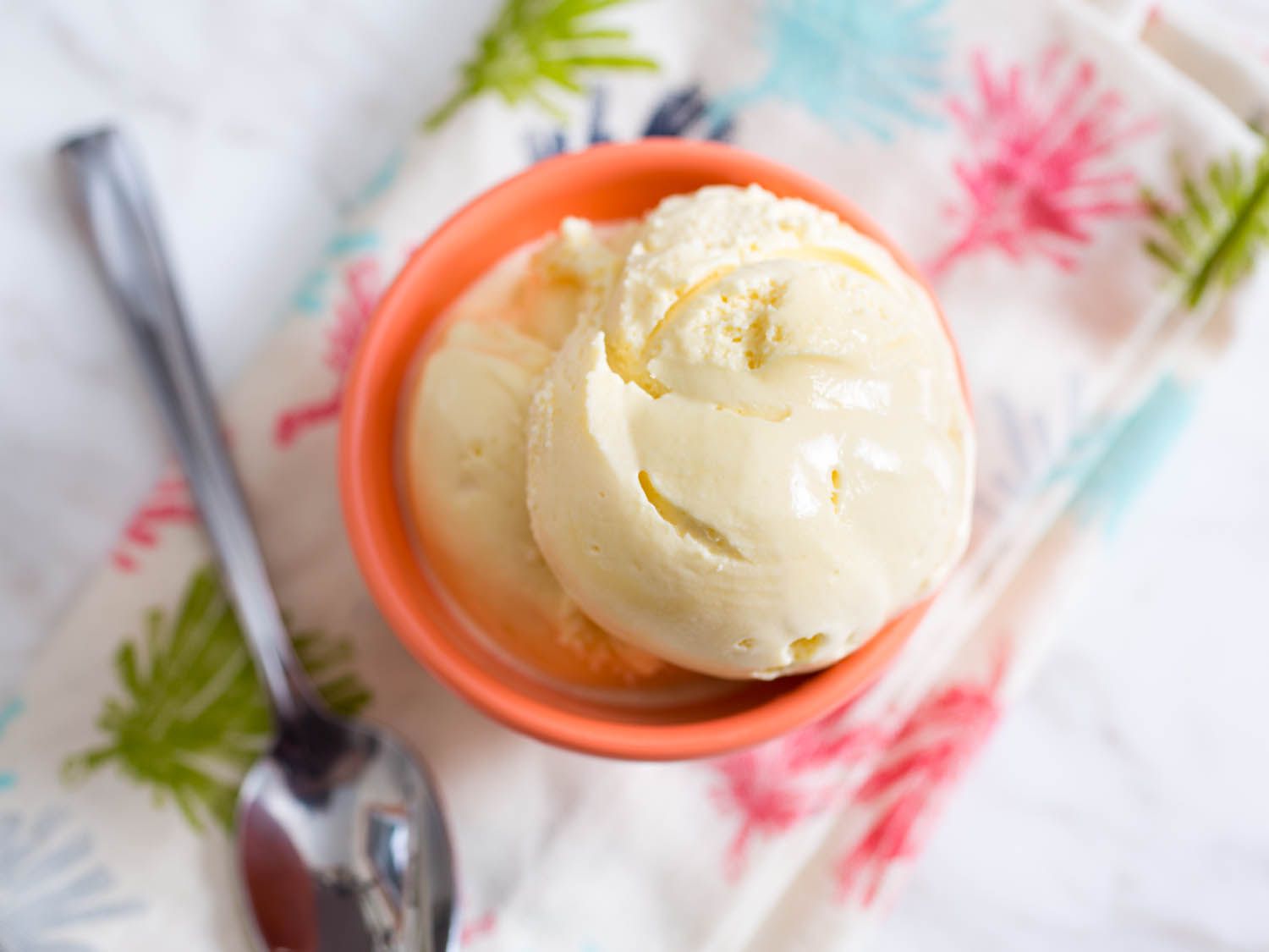 Top down view of a glass of New England-style ice cream. 