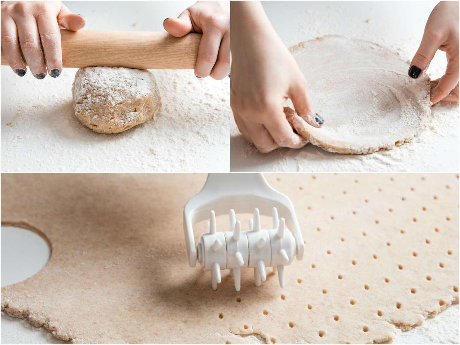 A three-image collage showing the dough being rolled out, formed into a circle, and then rolled into a sheet and docked with a docking tool.