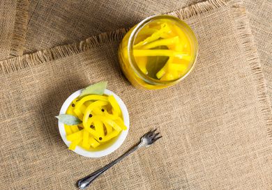 A jar of danmuji, Korean pickled daikon radish.