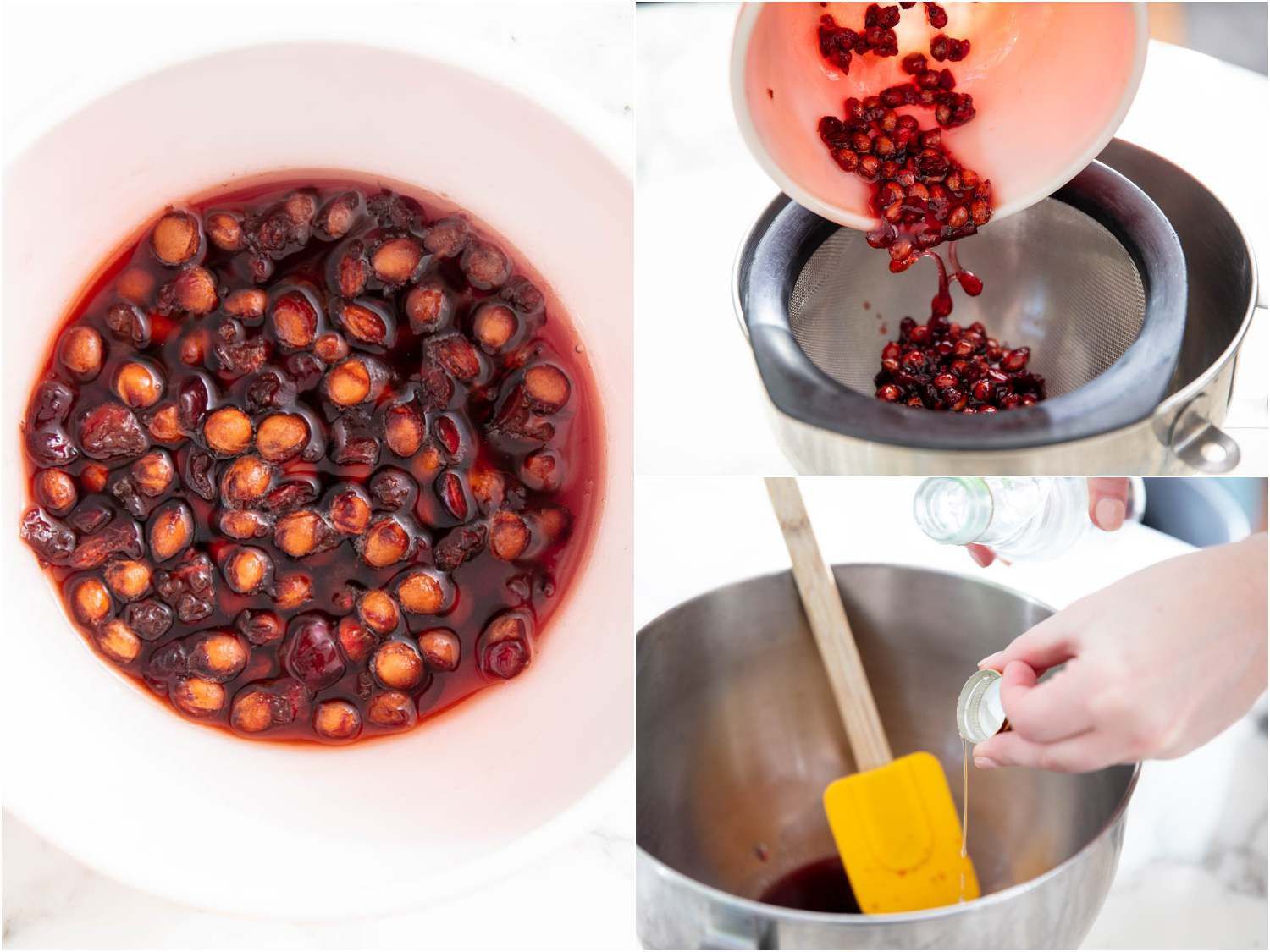 A collage of straining cherry pit syrup through a fine mesh sieve and adding rose water or almond extract to the syrup.