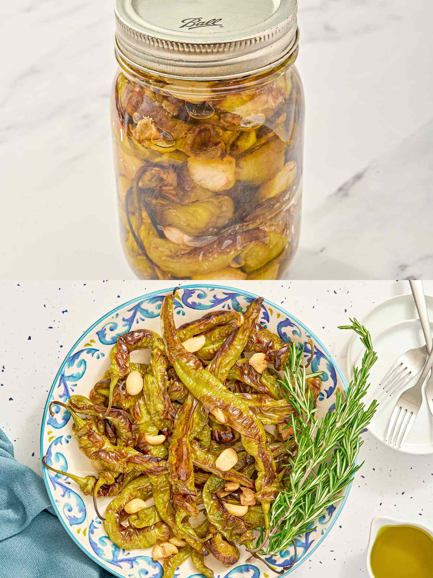 Jar of pickled vegetables and a plate of roasted vegetables with almonds and herbs