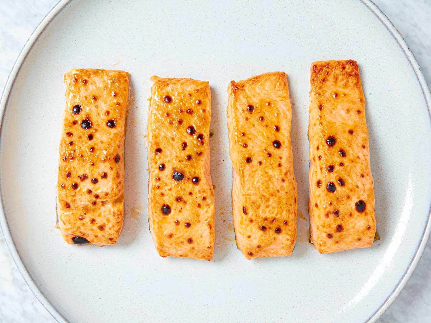 Overhead view of broiled salmon