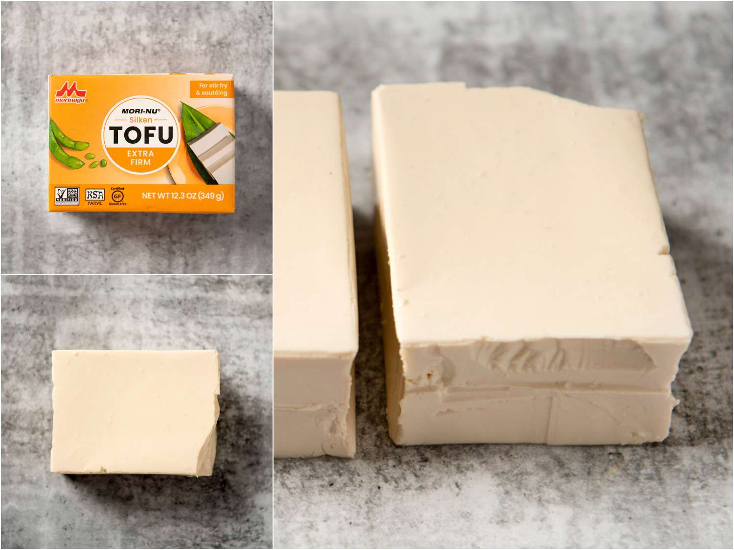 Collage of extra firm silken tofu in packaging; unpackaged; side angle